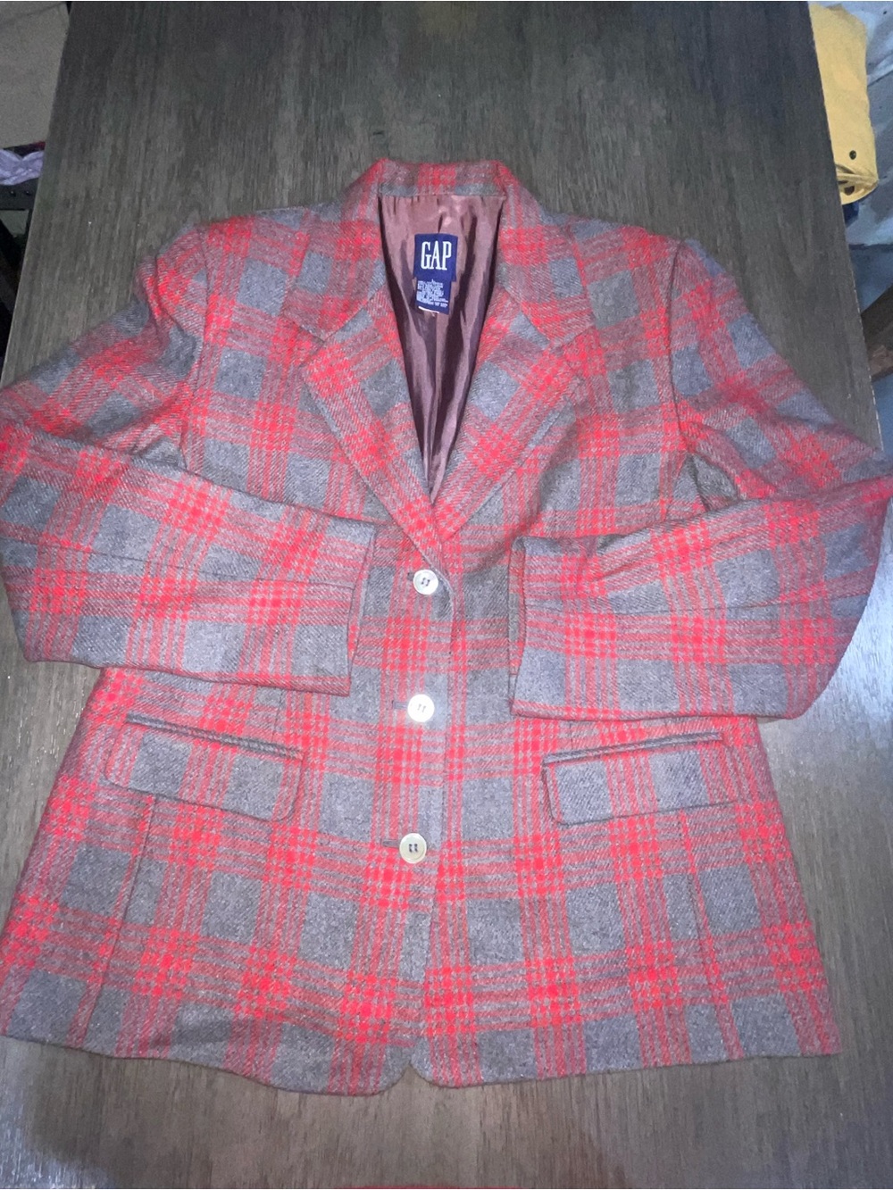 Women’s Sz L GAP Red and Gray‎ Plaid Wool Blend Blazer Style Jacket